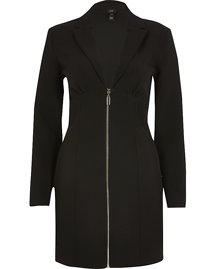 Black long sleeve zip front blazer mini dress