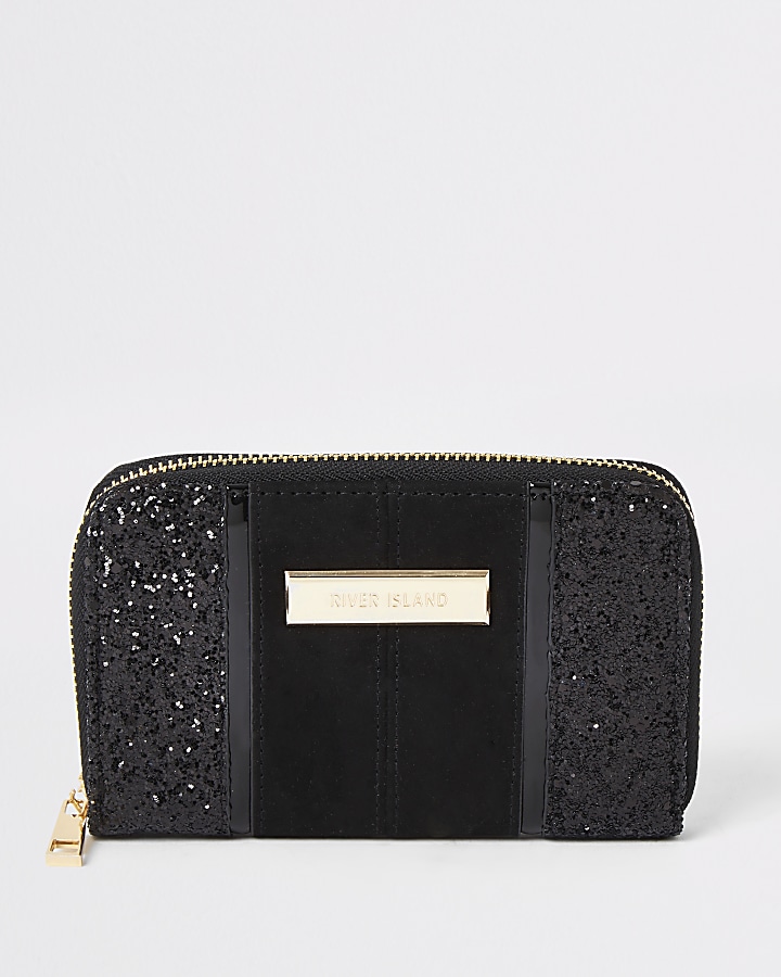 Black glitter small zip around purse