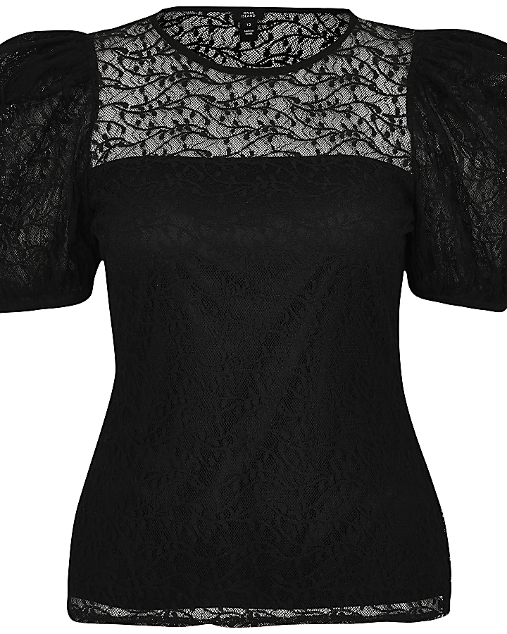 Black short puff sleeve lace top