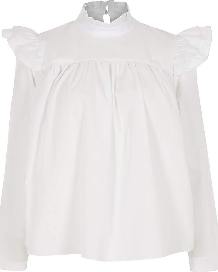 Petite white ruffle shoulder blouse