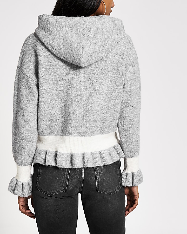Petite grey frill cropped knitted hoodie