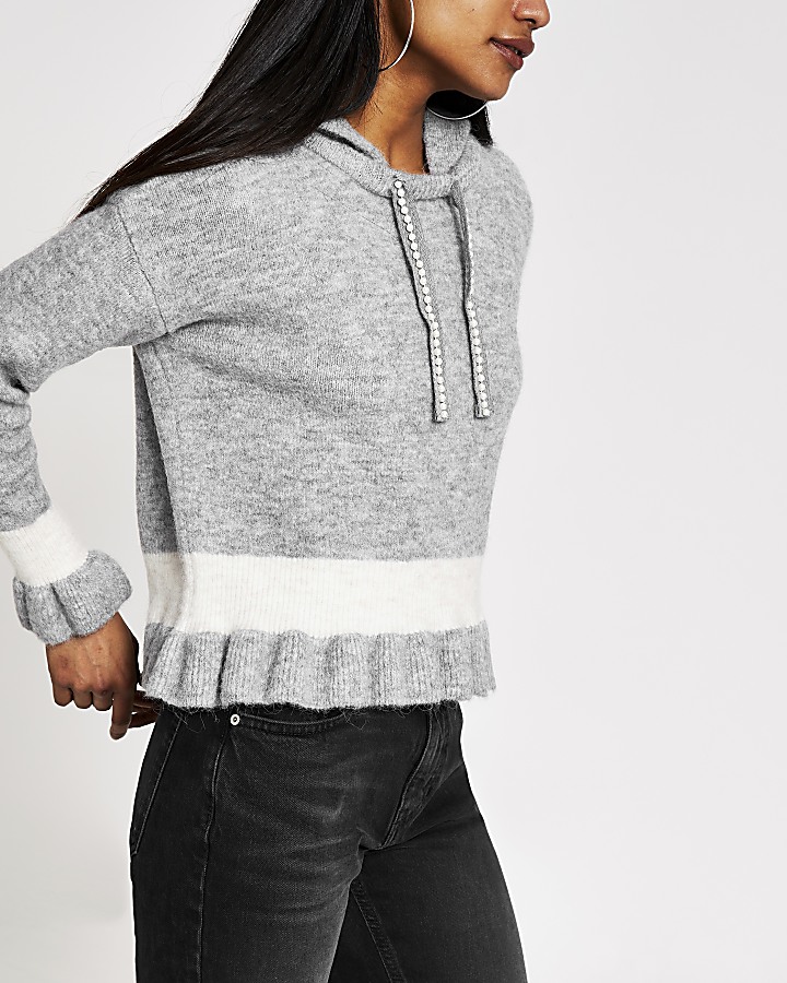 Petite grey frill cropped knitted hoodie