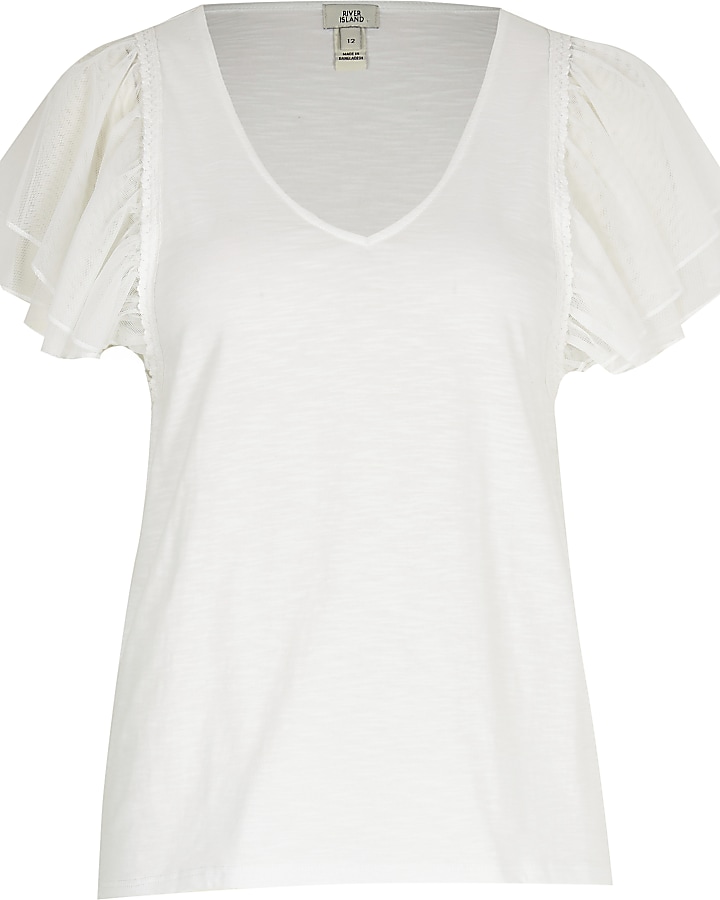 White mesh frill short sleeve T-shirt