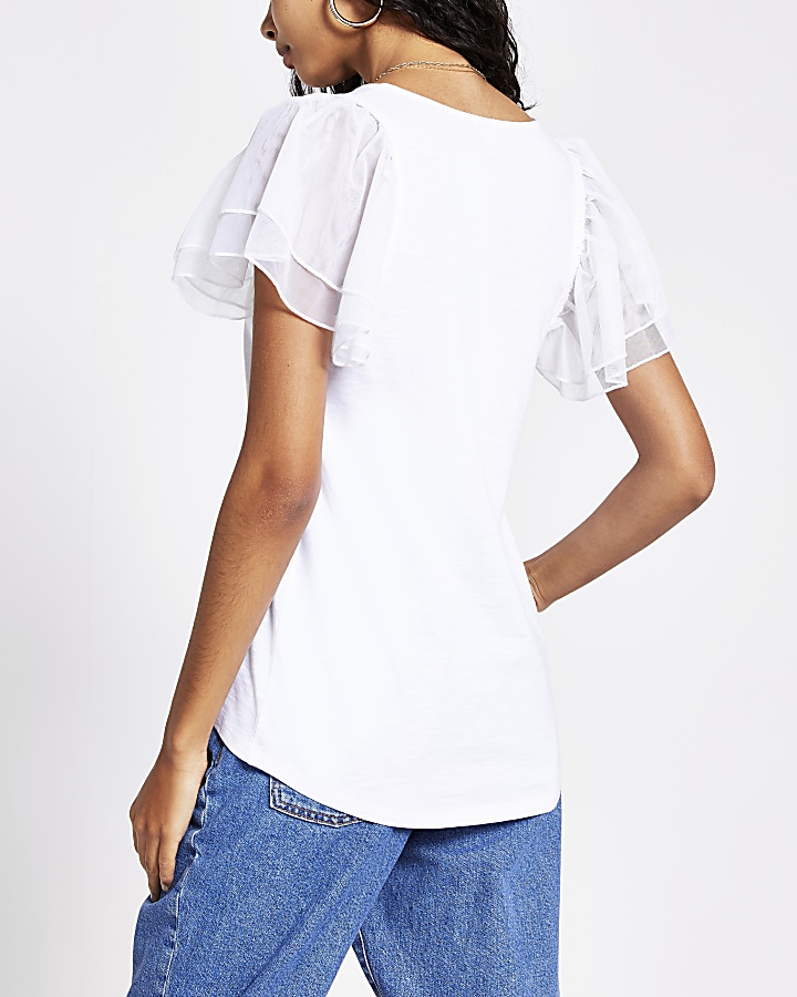 White mesh frill short sleeve T-shirt