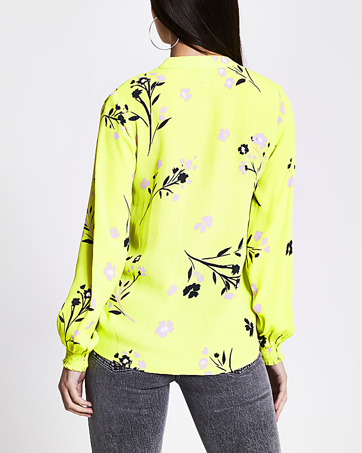 Lime floral frill front V neck blouse