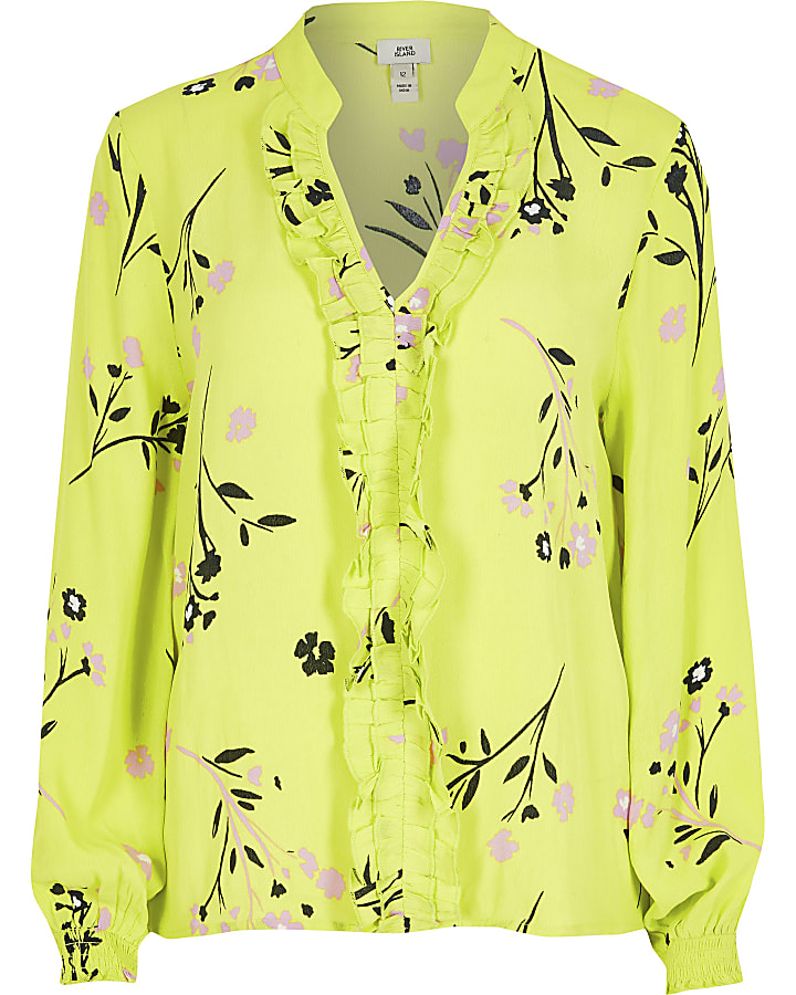 Lime floral frill front V neck blouse