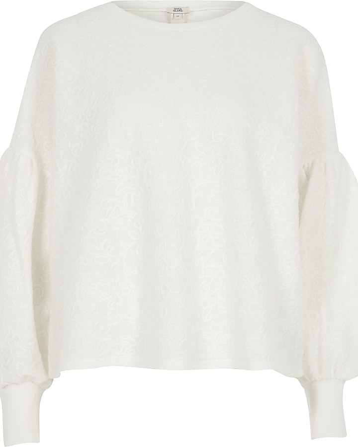 Cream textured puff sleeve sweatshirt