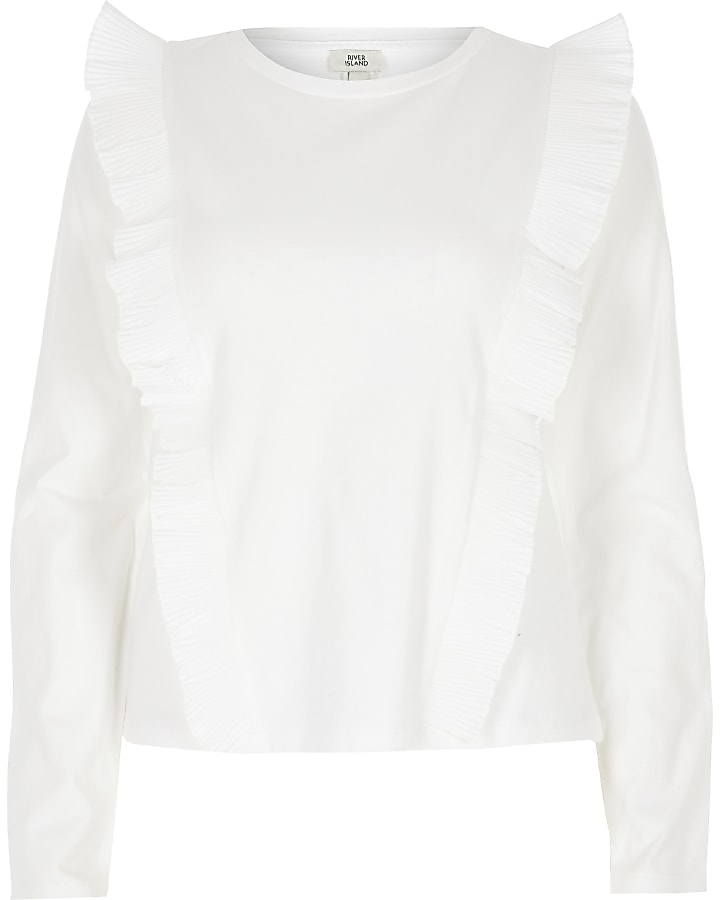 White pleated ruffle long sleeve top