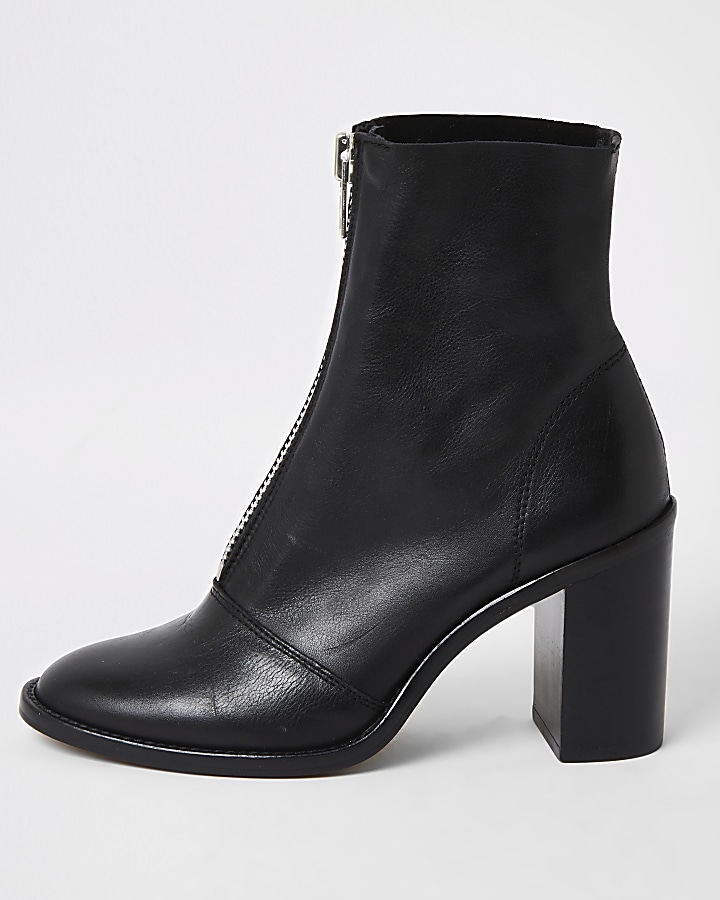 Black leather zip front heeled ankle boots