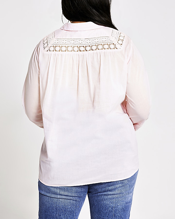 Plus pink long sleeve embroidered shirt