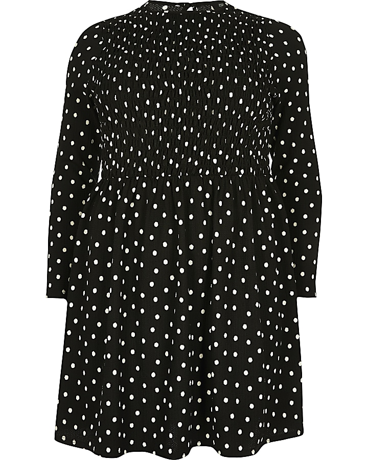 Plus black polka dot shirred mini dress