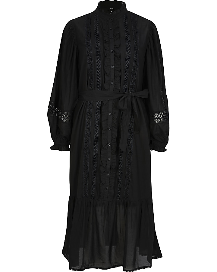 Black long sleeve lace insert midi dress