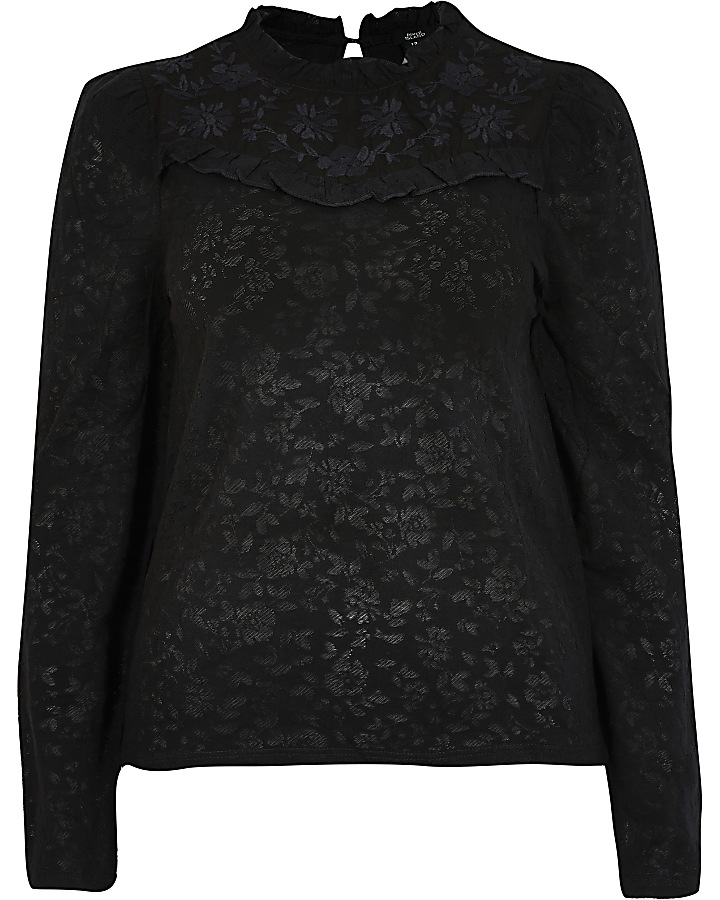 Black lace embroidered frill high neck top