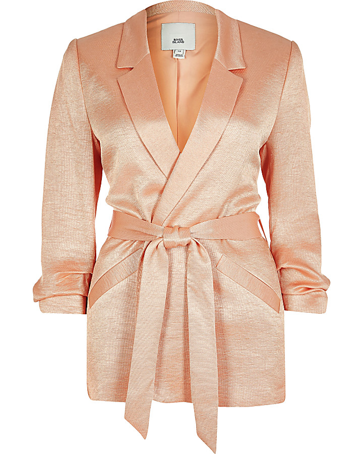 Coral ruched sleeve tie belted blazer