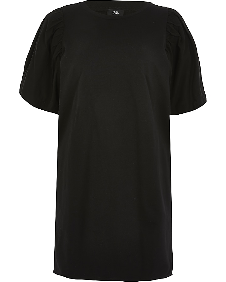 Black poplin puff sleeve T Shirt dress