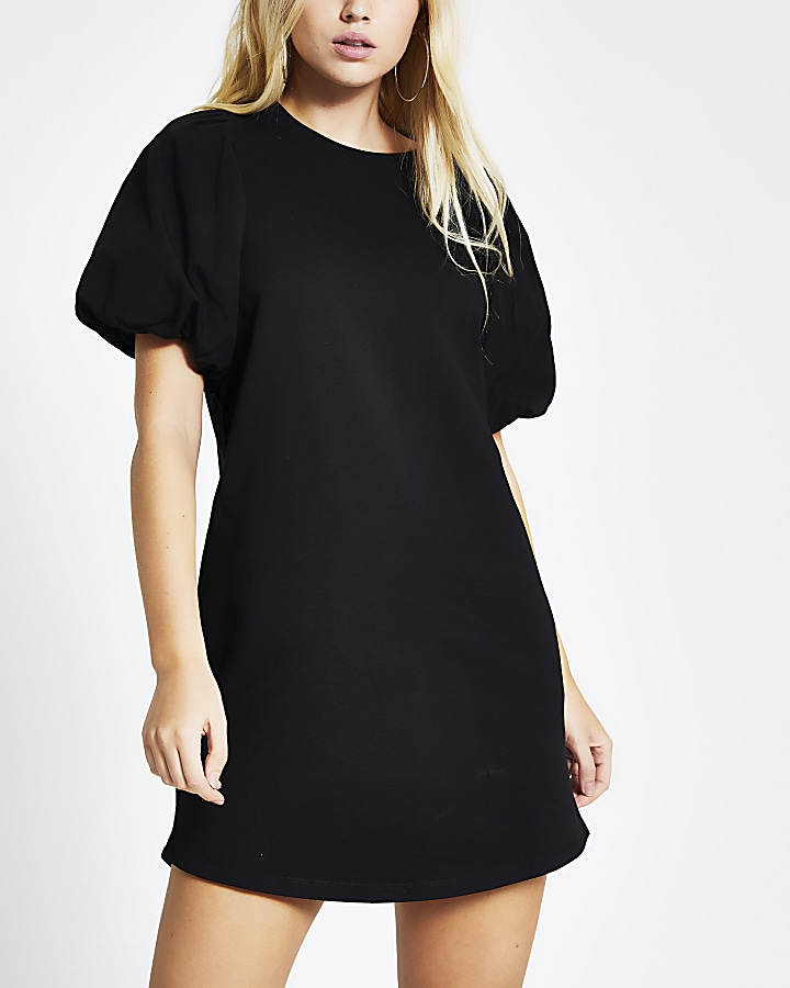 Black poplin puff sleeve T Shirt dress