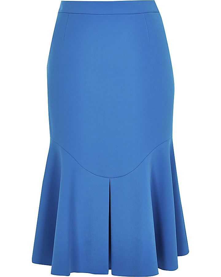 Blue fitted peplum frill midi skirt