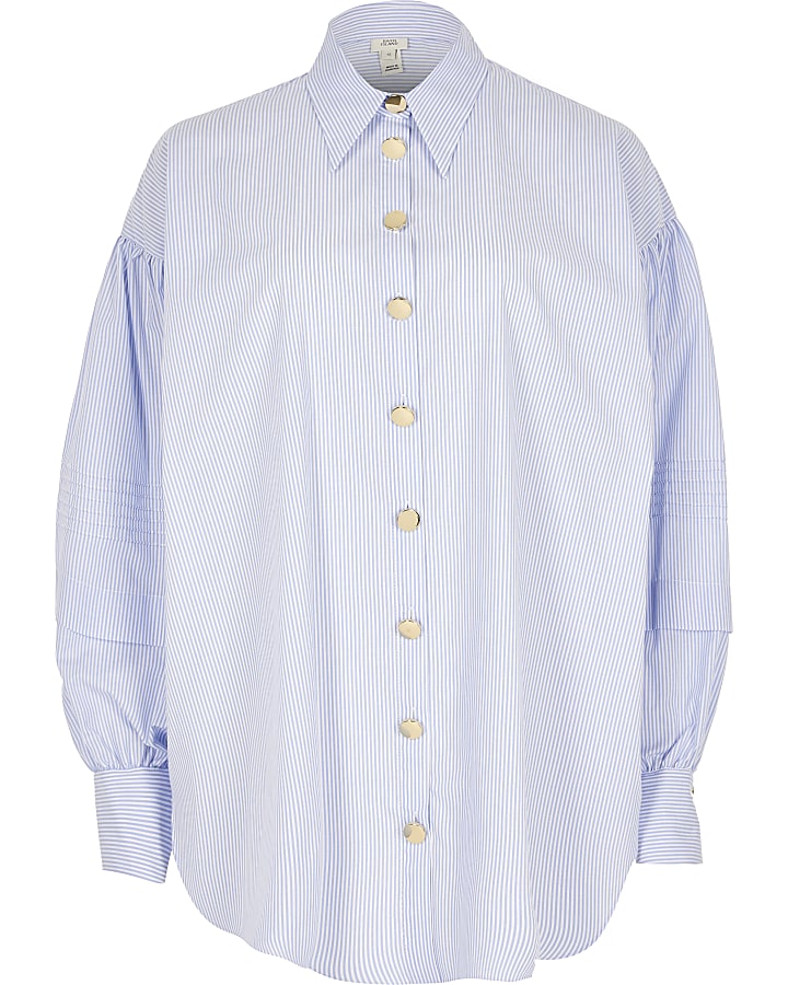 Blue stripe puff frill sleeve longline shirt