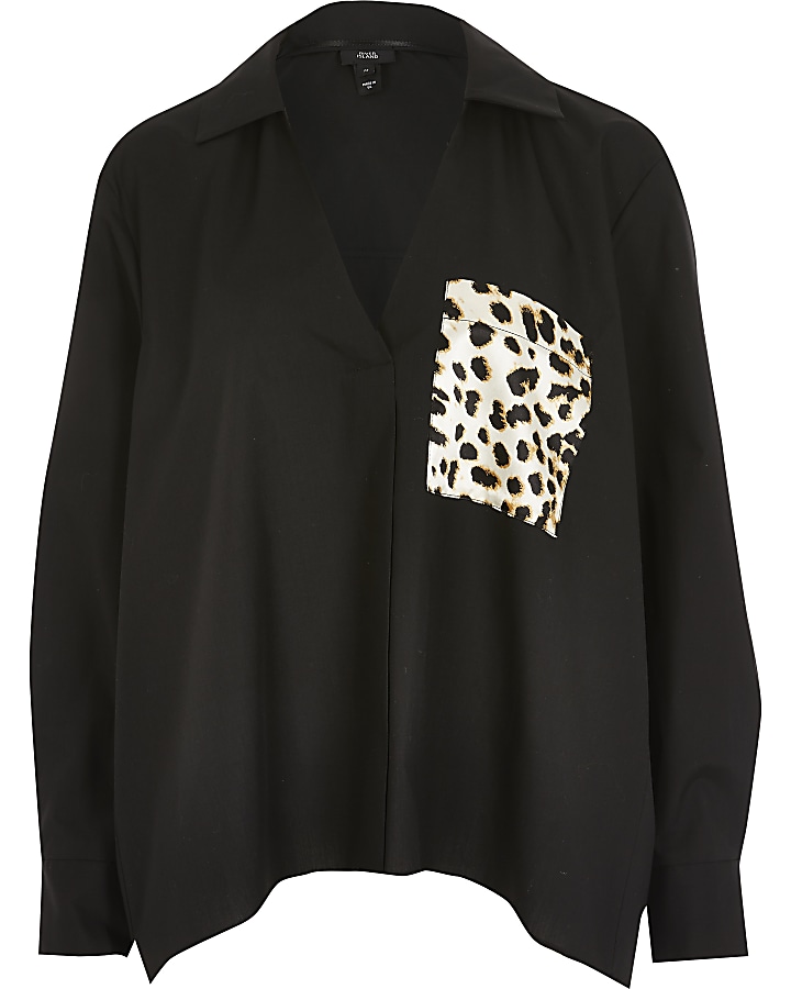 Black leopard print pocket long sleeve shirt