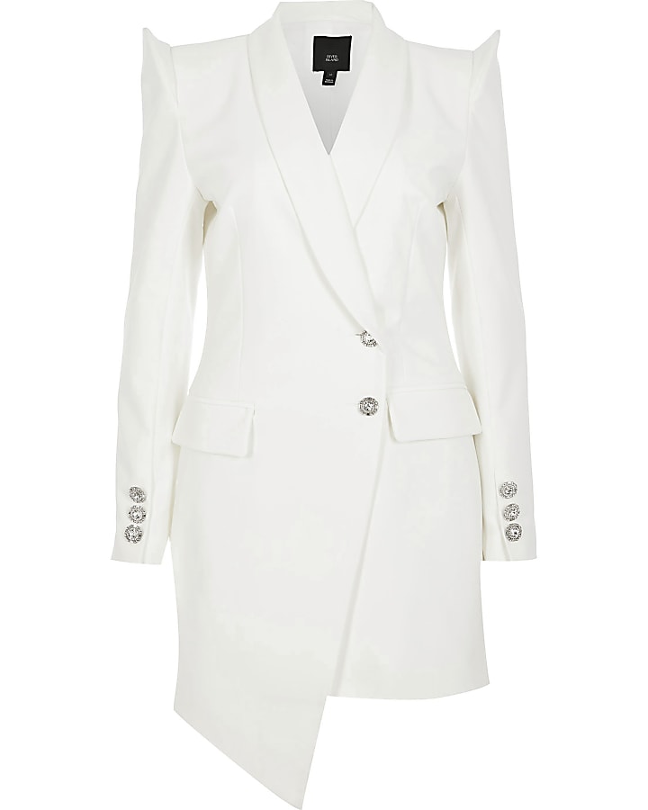 White asymmetric long sleeve blazer dress