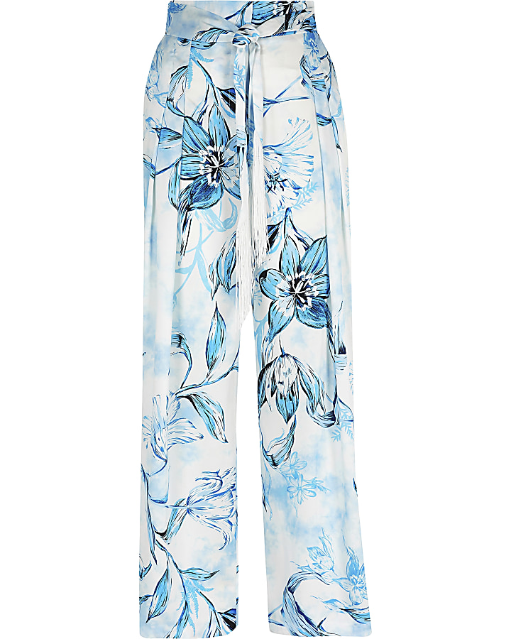 Blue floral belted wide leg satin trousers
