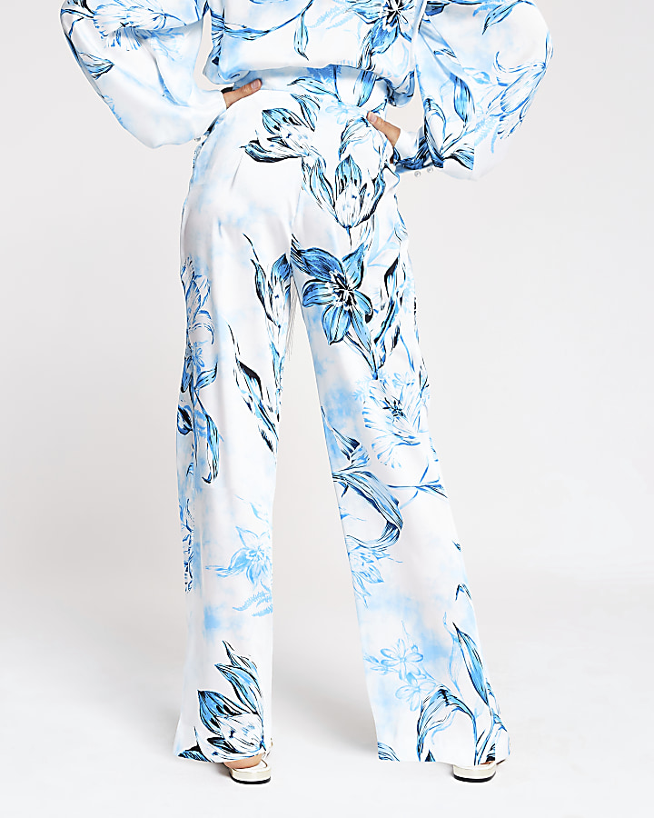 Blue floral belted wide leg satin trousers