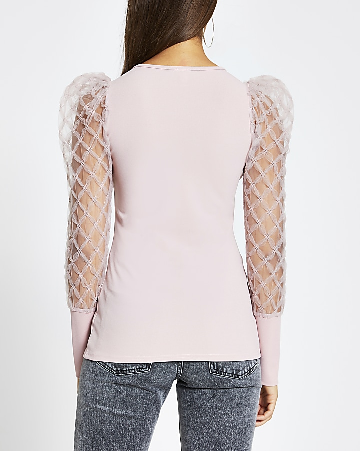 Pink textured mesh long sleeve top