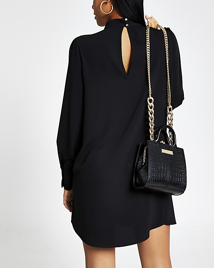 Black twisted V neck mini swing dress
