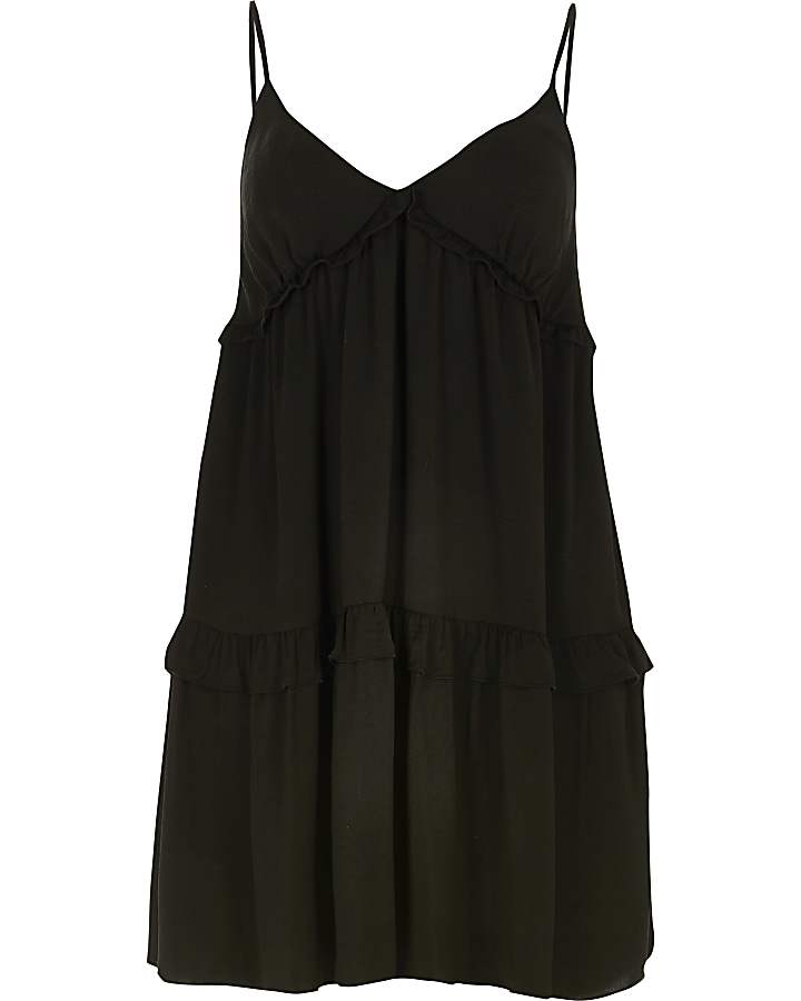 Black frill V neck cami mini swing dress