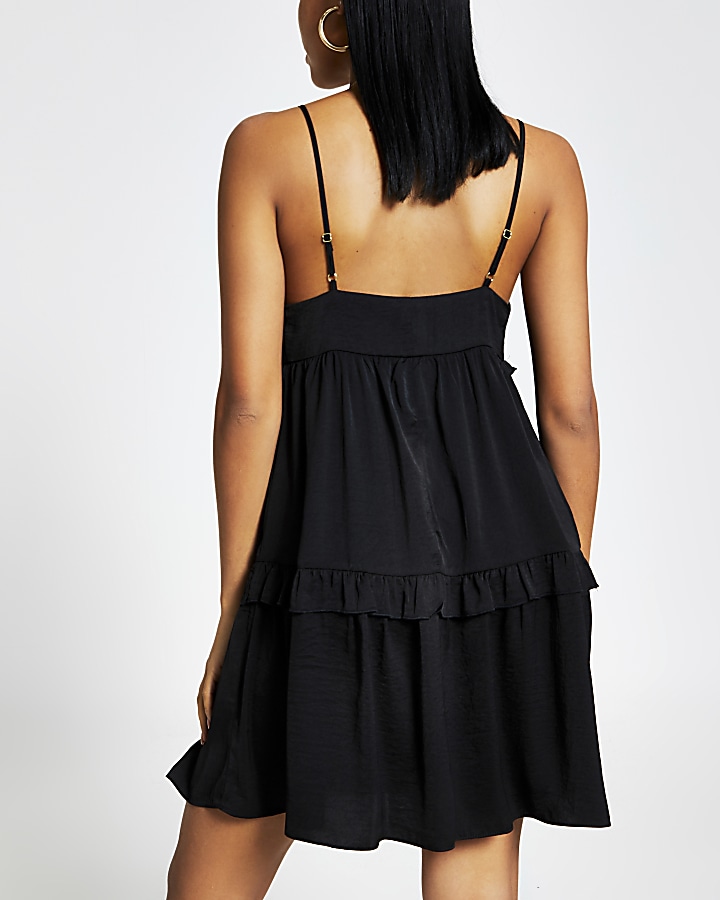 Black frill V neck cami mini swing dress