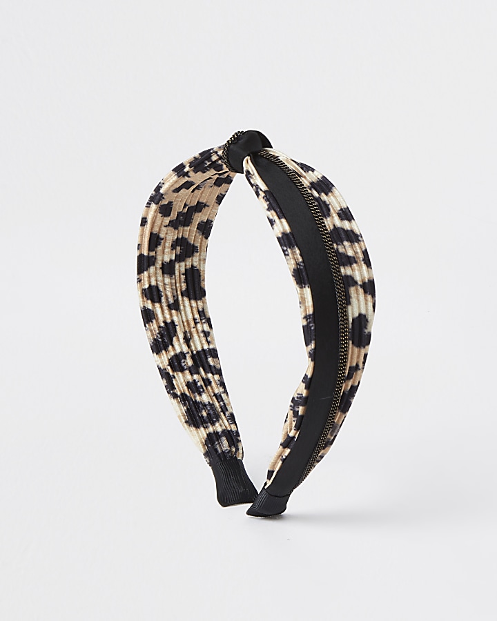 Brown leopard printed plisse knot headband