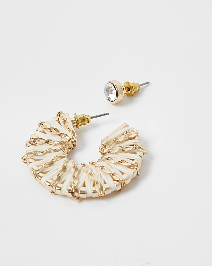 White raffia and chain hoop earring pack
