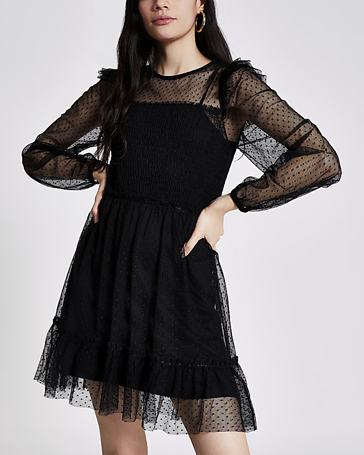 Black long sleeve shirred mesh mini dress