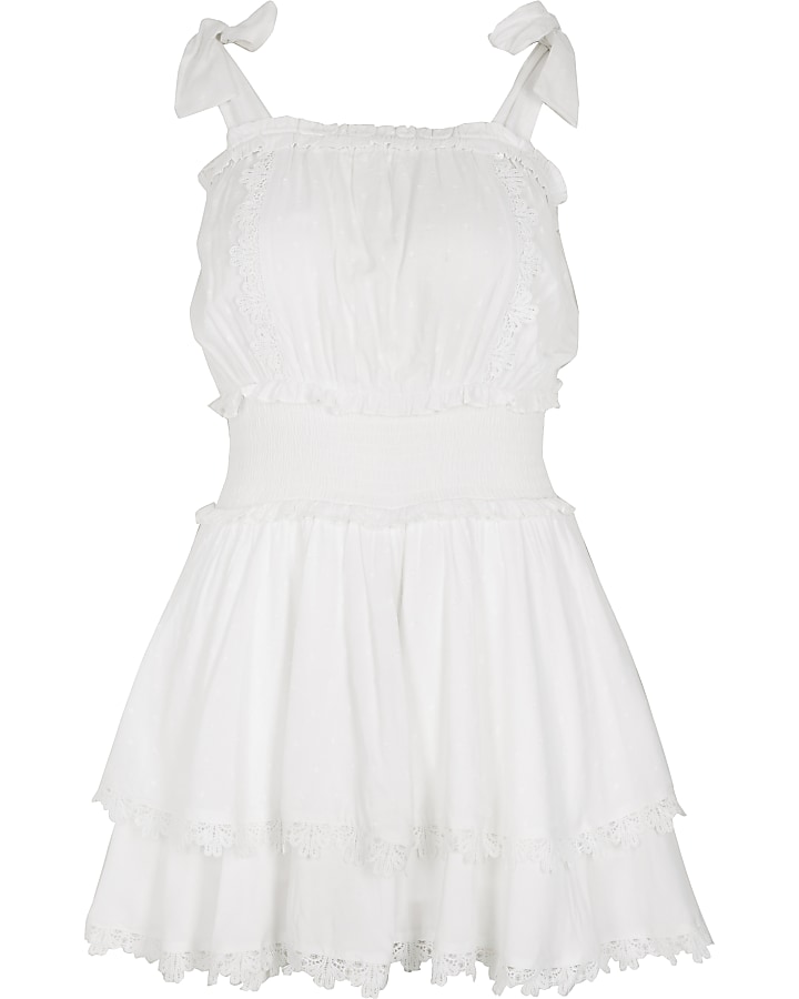 White shirred frill mini beach dress