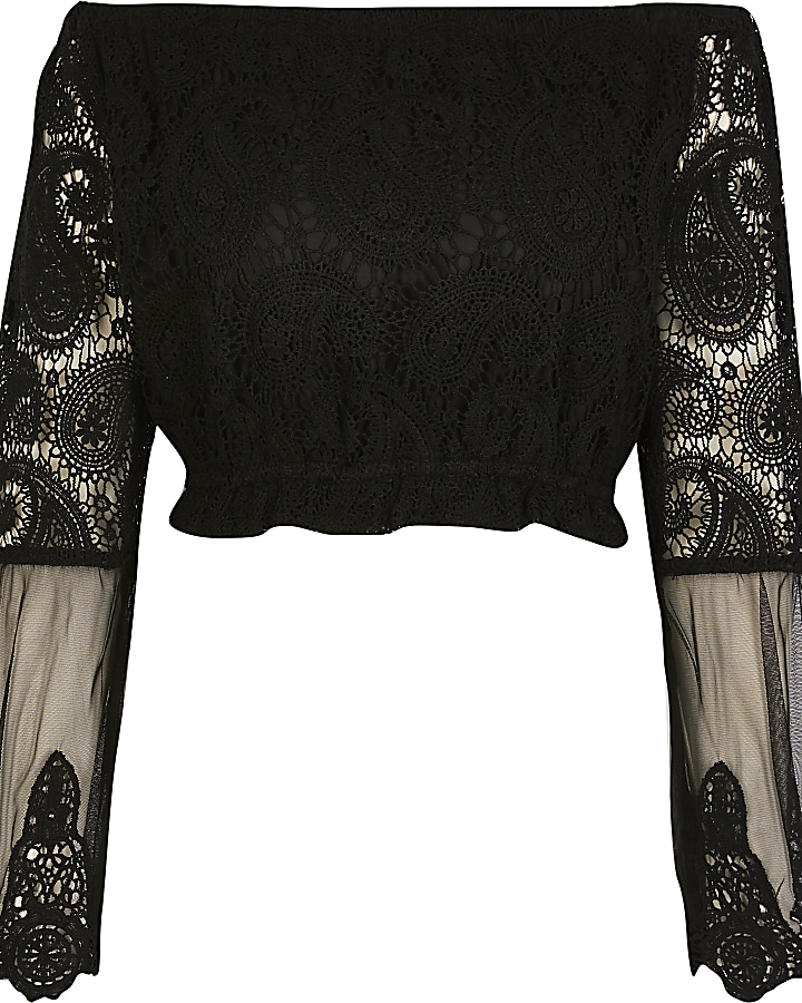 Black embroidered long sleeve bardot crop top