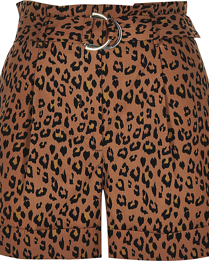 Brown leopard print belted shorts