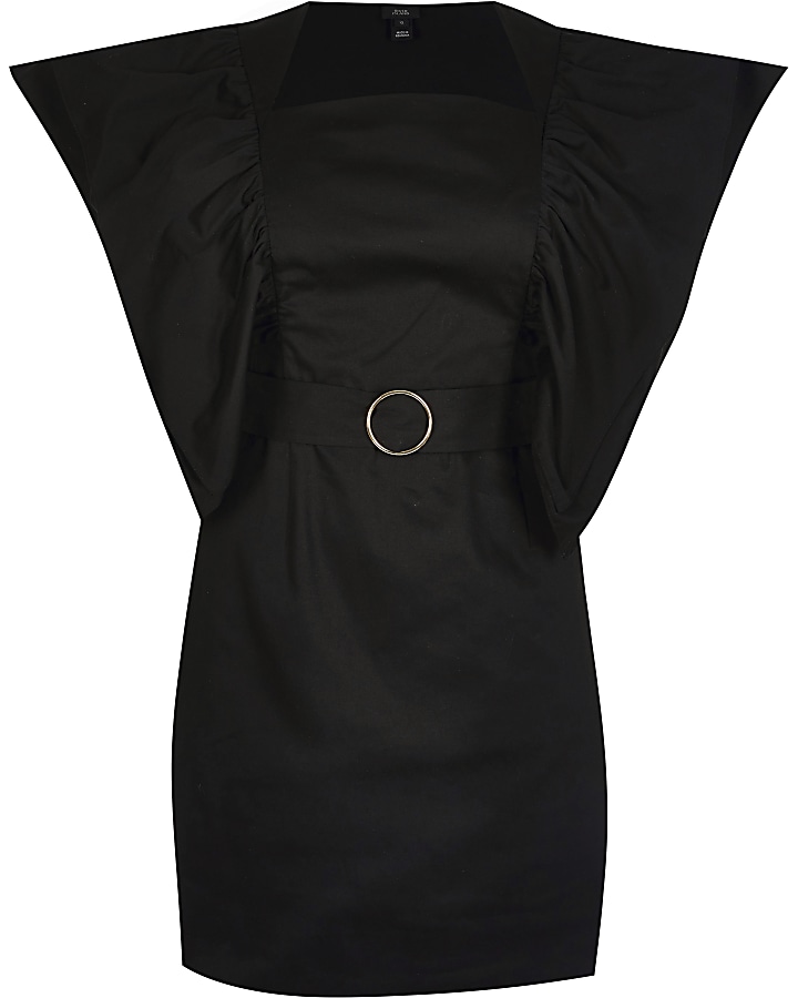 Black frill sleeve belted mini dress