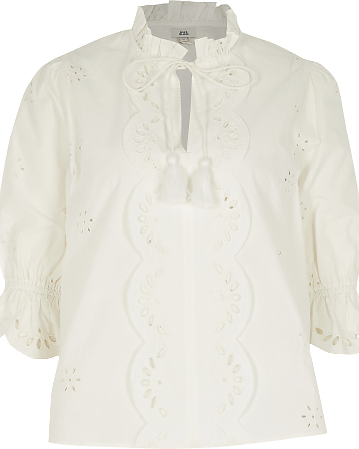 White broderie cut out tie front top