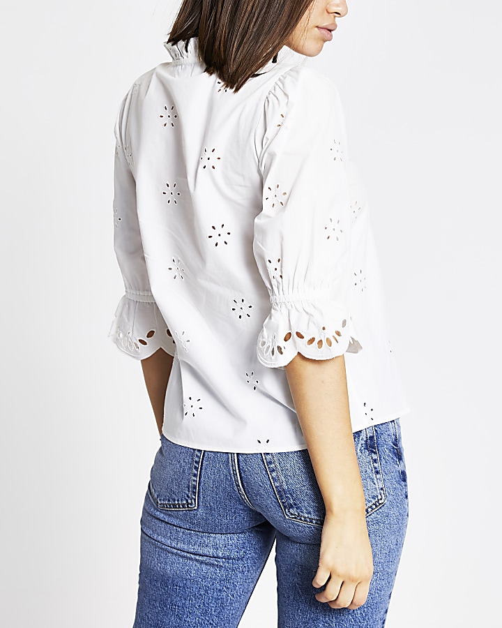 White broderie cut out tie front top