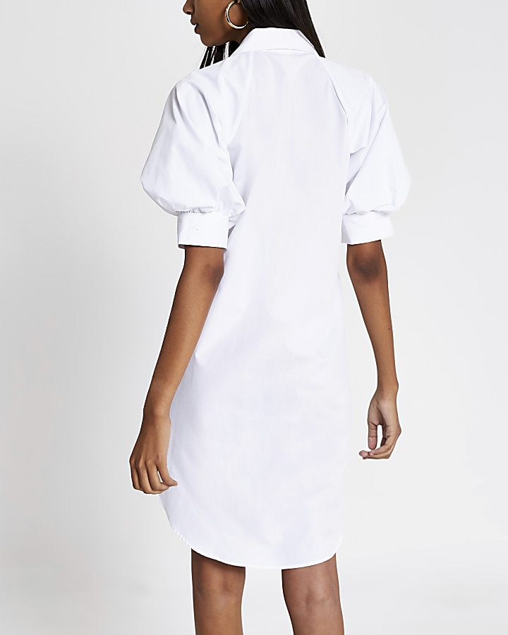 White short puff sleeve mini shirt dress