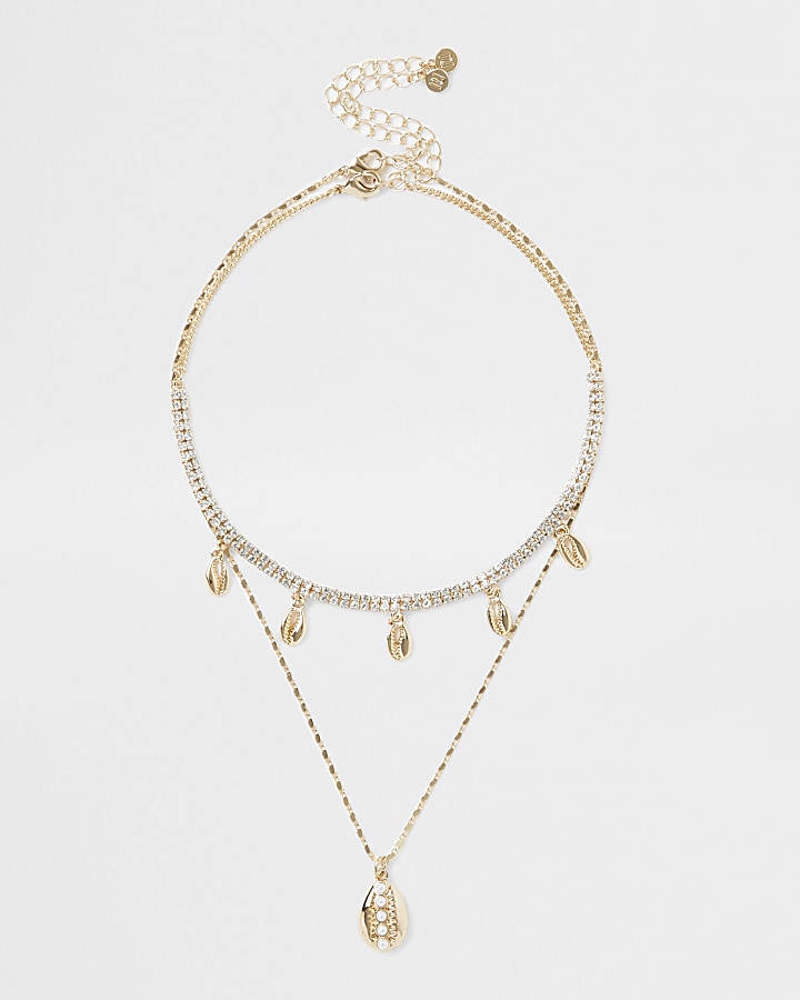 Gold colour shell 2 row layered necklace