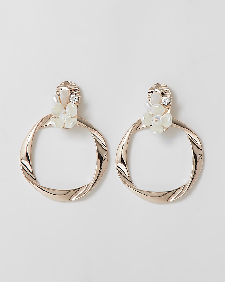 Rose gold pearl floral ring drop earrings