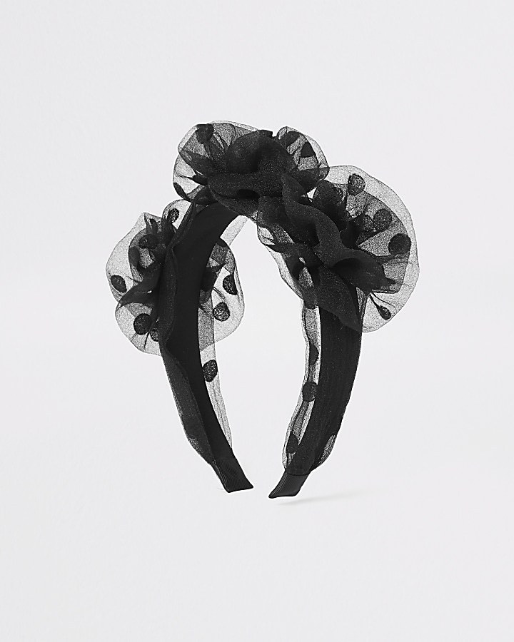 Black polka dot organza flower headband