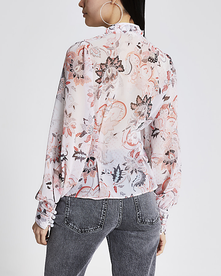 Pink printed frill tie neck shirt