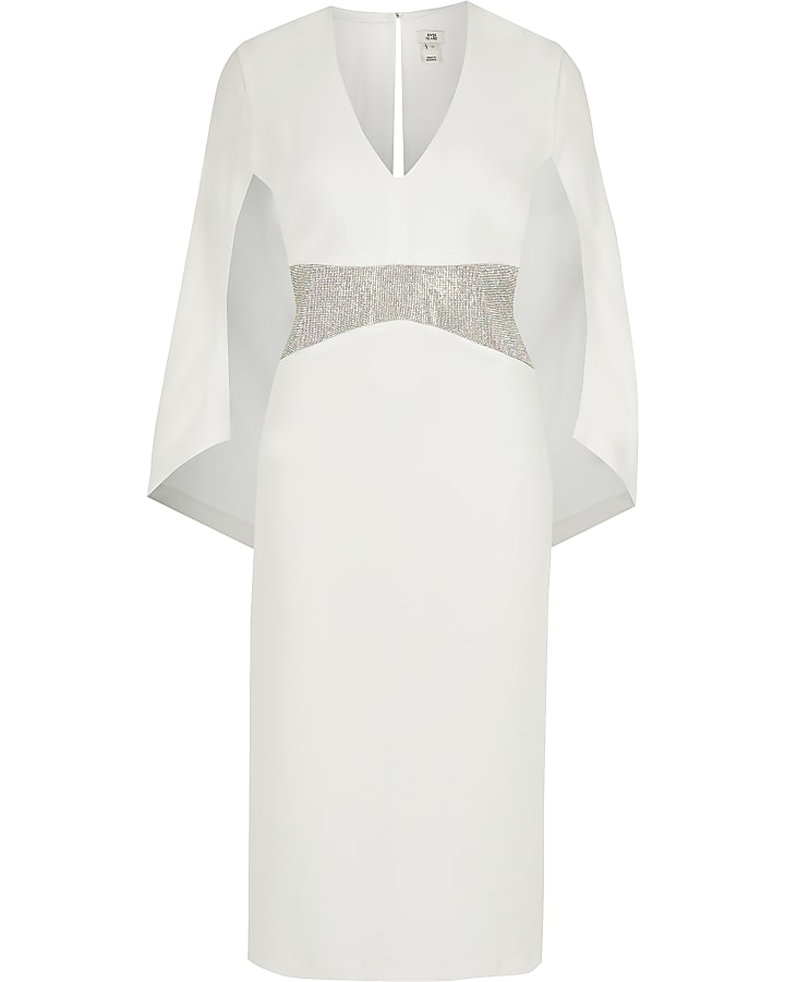 White diamante waist cape detail midi dress