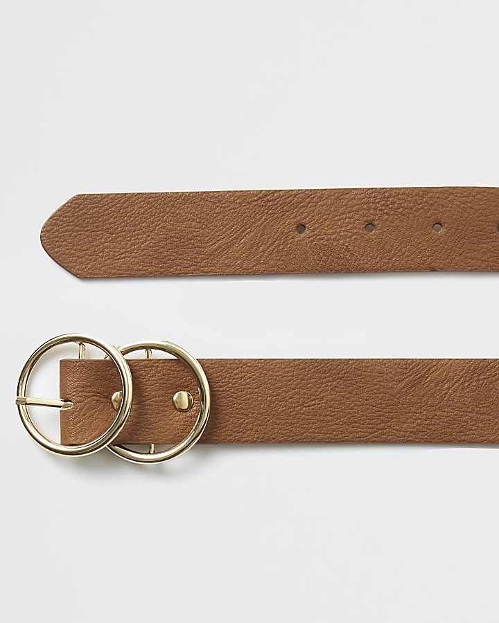 Brown leather double ring buckle belt