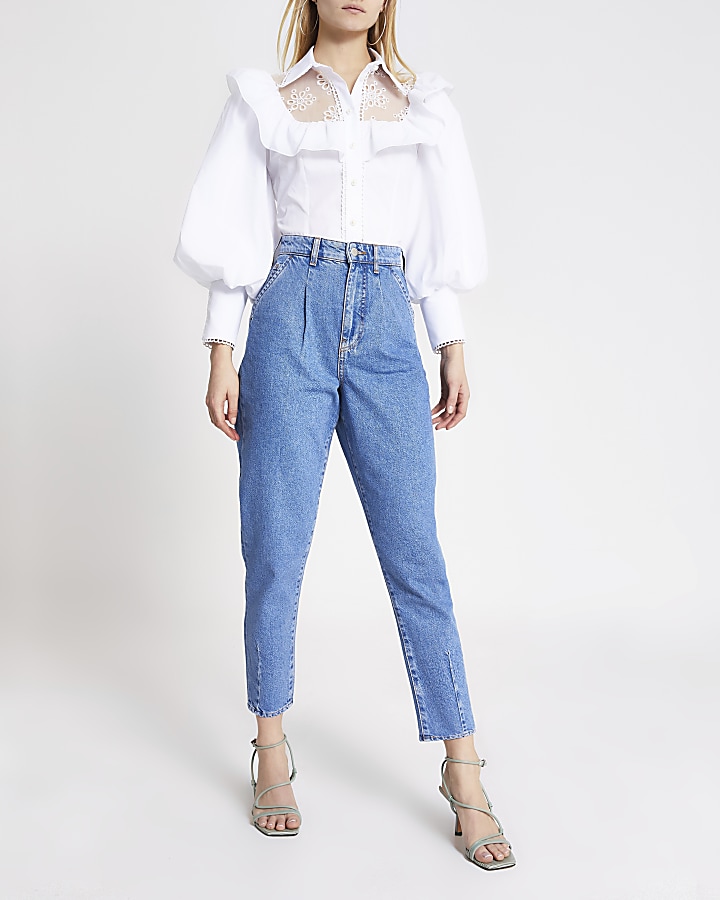 White embroidered puff sleeve frill shirt