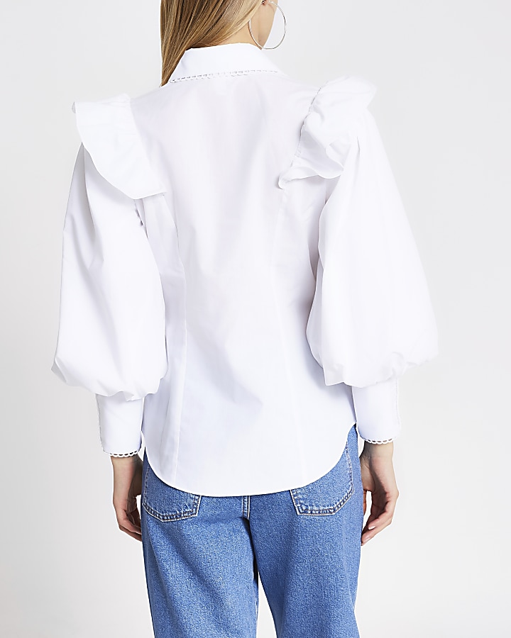 White embroidered puff sleeve frill shirt