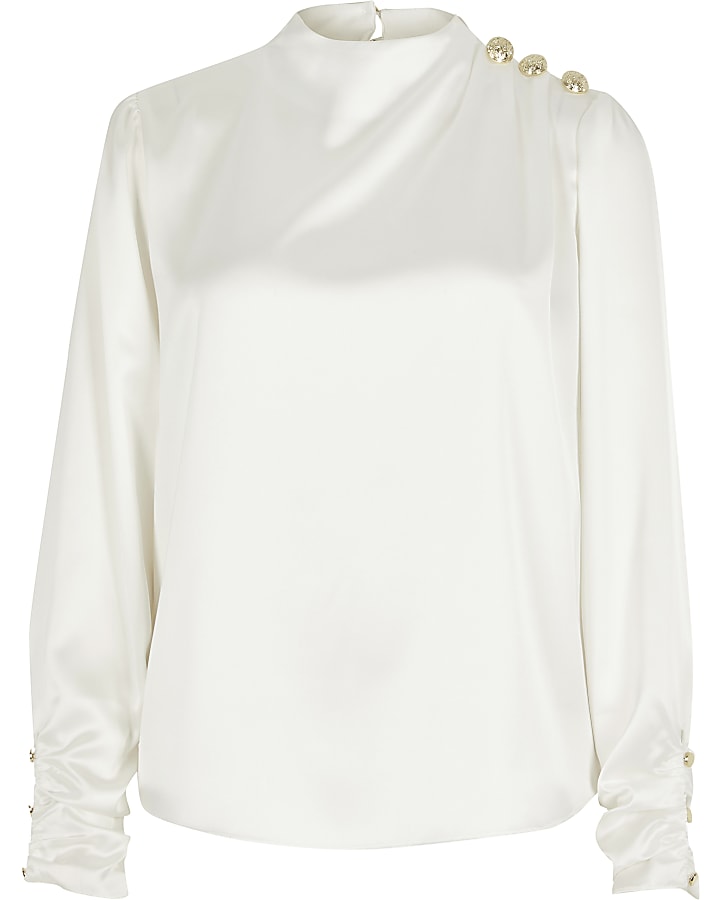 White button shoulder satin blouse