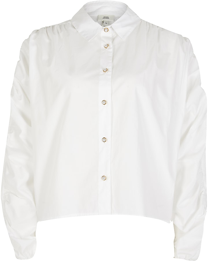 White ruched sleeve shirt